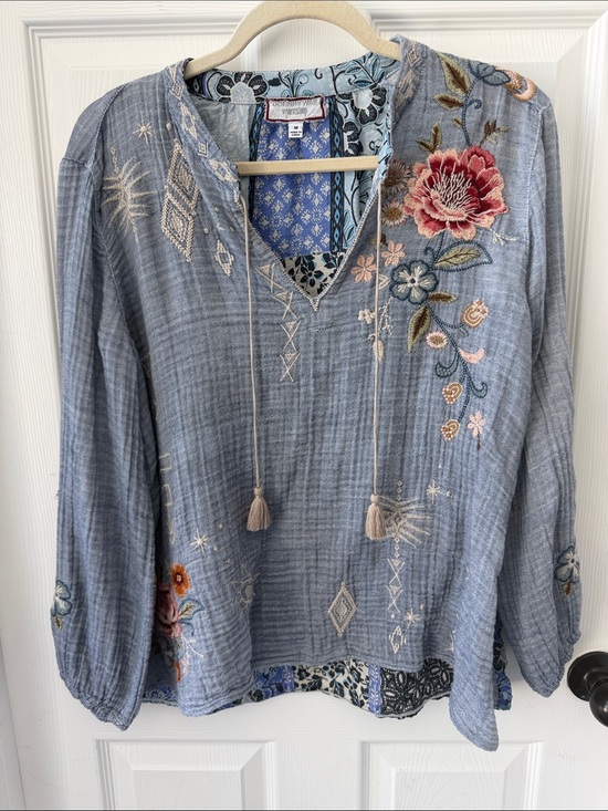 Johnny Was Tops - Johnny Was Dusty Blue Embroidered Gauze Tunic Top